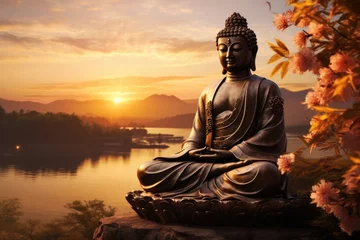 Foto op Canvas Religious buddha statue at sunset. Magha Asanha Visakha Puja Day , Silhouette Buddha on golden sunset background. © Hope