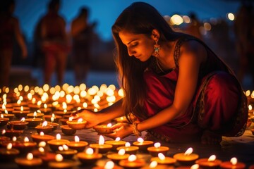 Beautiful Indian woman lights candles at the traditional Diwali holiday in India. Religious holiday lights burn on the background. People celebrate Diwali with their families