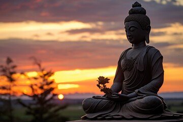 Religious buddha statue at sunset. Magha Asanha Visakha Puja Day , Silhouette Buddha on golden sunset background.