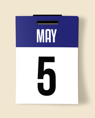 5 May Calendar Date, Realistic calendar sheet hanging on wall