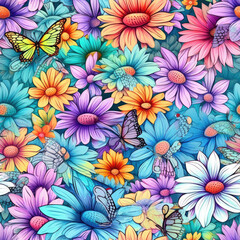 Daisies and butterflies dancing in a whimsical seamless pattern, AI Generated