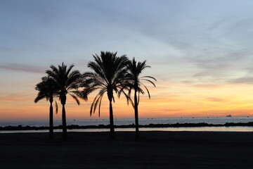 Fototapeta na wymiar Sunset on the Zapillo beach in Almeria, Spain, ship in front of the Sun