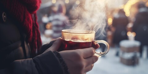 Hands Holding a Cup of Steaming Mulled Wine. The Background Paints a Picture of a Snowy Christmas Market, Where Happy People Gather Amidst Snow, a Christmas Tree, and the Warm Glow of Winter