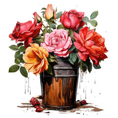Watercolor red rose flowers T-shirt Design, roses in a rustic wooden bucket, Generative Ai