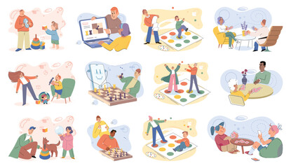 Game together. Family fun. Friendship time. Vector illustration. Engaging in board game brings people closer and encourages healthy competition People playing games together discover new aspects of