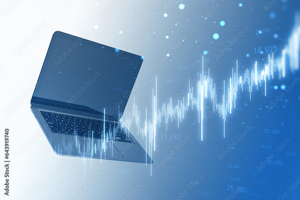 Poster close up of flying laptop with glowing candlestick forex chart on blurry background. trade, finance 