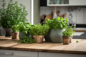 Green plants on wooden tabletop against kitchen counter backdrop. Generative AI