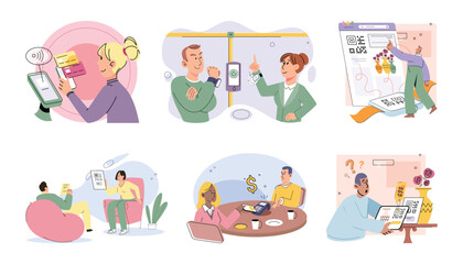 Naklejka premium Cashless payment. Vector illustration. With mobile cashless payments, you cpay for purchases without need for physical cash Contactless payments are commonly used for small everyday purchases