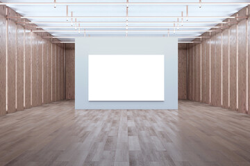 Modern empty wood plank garage interior with blank white mock up poster. Product advertisement concept. 3D Rendering.