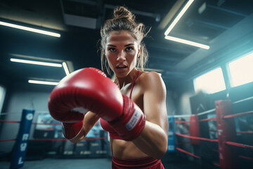 Beautiful strong confident woman in a boxing uniform and gloves in the ring. Concept of women's power. 