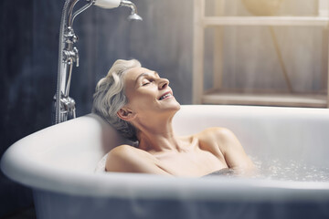 Elderly woman with grey hair relaxing in the bath. Mental health concept, love yourself concept. 