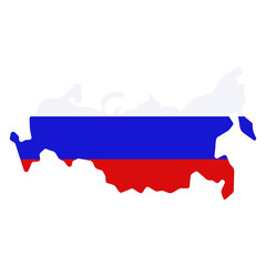 Russian map shape icon of national flag colors. Country symbol isolated on white, flat style. Vector clipart, illustration of event or holidays in Russia, sign for web design or print.