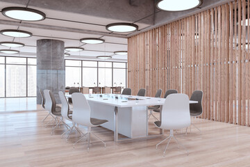 Bright glass and hardwood office meeting room interior with furniture, wooden flooring and windows with daylight. 3D Rendering.