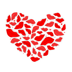 Abstract heart, consisting of silhouettes of lips, kiss prints. Hand drawn illustration for t-shirts, clothes, textiles, cards for valentine's holiday, symbol of love. Vector graphics.