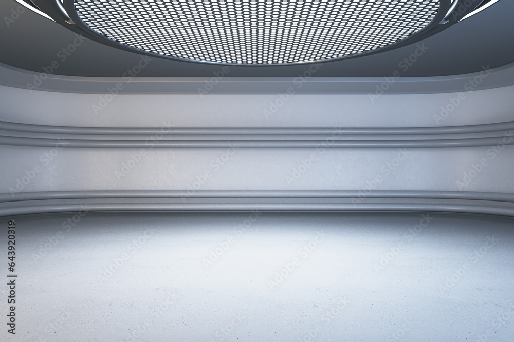 Aufkleber light futuristic interior with round ceiling and mock up place. grunge garage concept. 3d rendering.