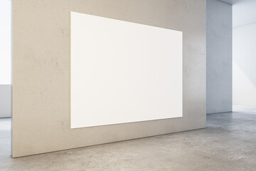 Contemporary concrete gallery interior with blank white mock up banner on wall and windows. Museum room concept. 3D Rendering.