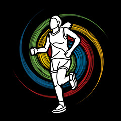 Fototapeta na wymiar A Woman Start Running Action Marathon Runner Cartoon Female Run Sport Graphic Vector