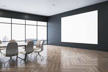 Modern conference room interior with blank white mock up banner on wall, furniture and panoramic window with city view, daylight and wooden flooring with reflections. 3D Rendering.