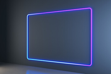 Clean dark neon blue gallery interior with mock up frames on concrete wall. Future concept. 3D Rendering.