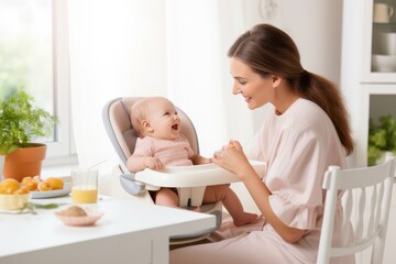 Obraz na płótnie Canvas mom feeding baby girl in high chair