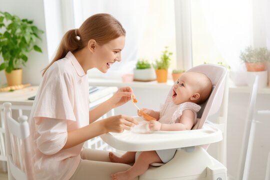 mom feeding baby girl in high chair