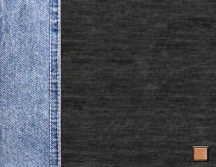 Horizontal background with blue denim borders with a seam, leather label and black cotton texture....