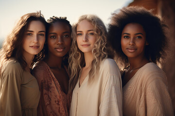 Obraz premium Portrait of beautiful diverse multiracial women standing together outside. Backlight.
