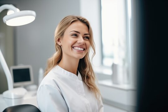 European young woman smiling in dental clinic