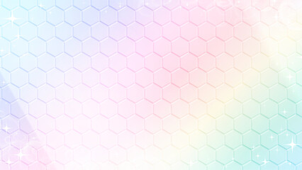 淡い虹色の六角形パターンの背景。
