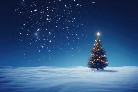 Christmas tree in snow with lights and full moon