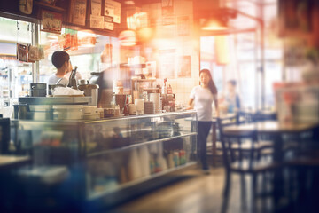 Blur coffee shop or cafe restaurant, Blurred restaurant background with some people and chefs and waiters working
