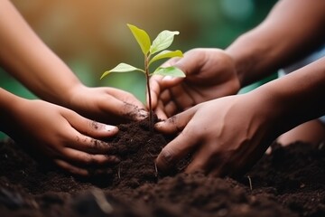 Fototapeta premium Agriculture teamwork. farmers team hands plant a small plant in the ground soil