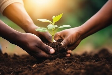 Agriculture teamwork. farmers team hands plant a small plant in the ground soil