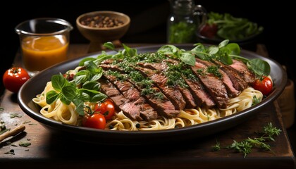 italian pasta with sliced steak