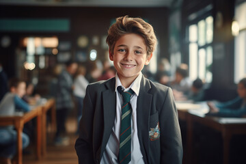 Fototapeta premium Smiling boy in school uniform looking at camera. Photo taken at school. Back to school concept. 