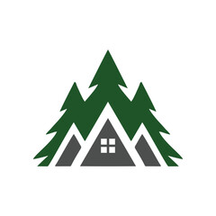 premium wooden cabin and mountain pine forest retro vector black logo design isolated white background