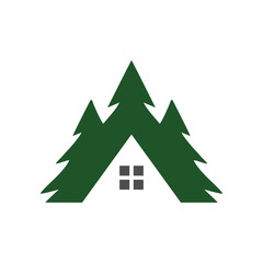 premium wooden cabin and mountain pine forest retro vector black logo design isolated white background