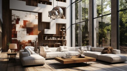 Interior of modern eclectic living area in luxury cottage. 3D decor and large abstract painting on the wall, stylish cushioned furniture, coffee table, panoramic windows. Contemporary home decor.