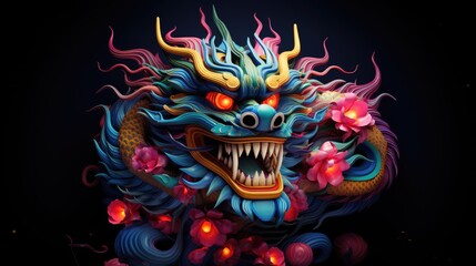 Chinese dragon with flower on black background.