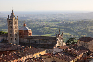 Massa Marittima old town and San Cerbone Duomo cathedral. Tuscany, Italy.