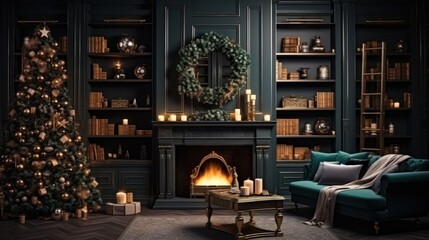 Interior of luxury art-deco living room with Christmas decor in green and gold. Blazing fireplace, wreath, garlands and candles, elegant Christmas tree, comfortable cushioned furniture, bookcase.