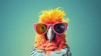 Parrot wearing pink sunglasses, Party animal in shades on minimal clean background, Editorial animal concept | Generative AI