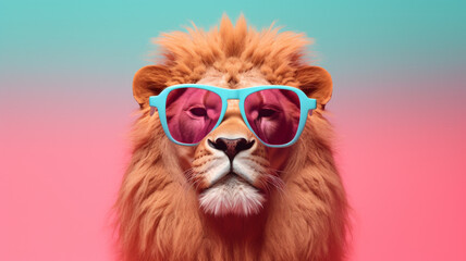 Lion wearing blue sunglasses, Party animal in pink shades on gradient background, Editorial animal concept | Generative AI