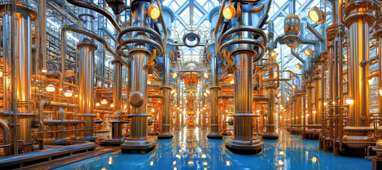 golden distillery, chemical, biological, industrial plant, panorama in siver, gold, blue, generative ai