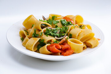 Calamarata in a dish with a white background