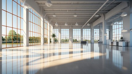 Interior of empty open space office area in modern luxury building. Glossy floor, white walls, reception area, plants in pots, huge floor-to-ceiling windows with park view. Template, 3D rendering.