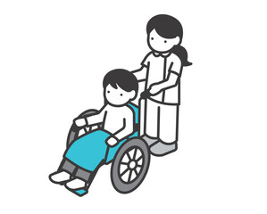 車いすをひく看護師のアイソメアイコンのベクターイラスト素材