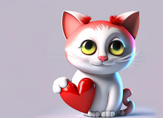 3d cat holding a red heart on the hand with a copy space