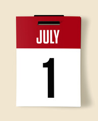 1 July Calendar Date, Realistic calendar sheet hanging on wall