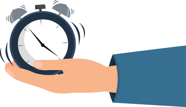 Hand holding timer on flat background, time management, deadline or saving time concept,